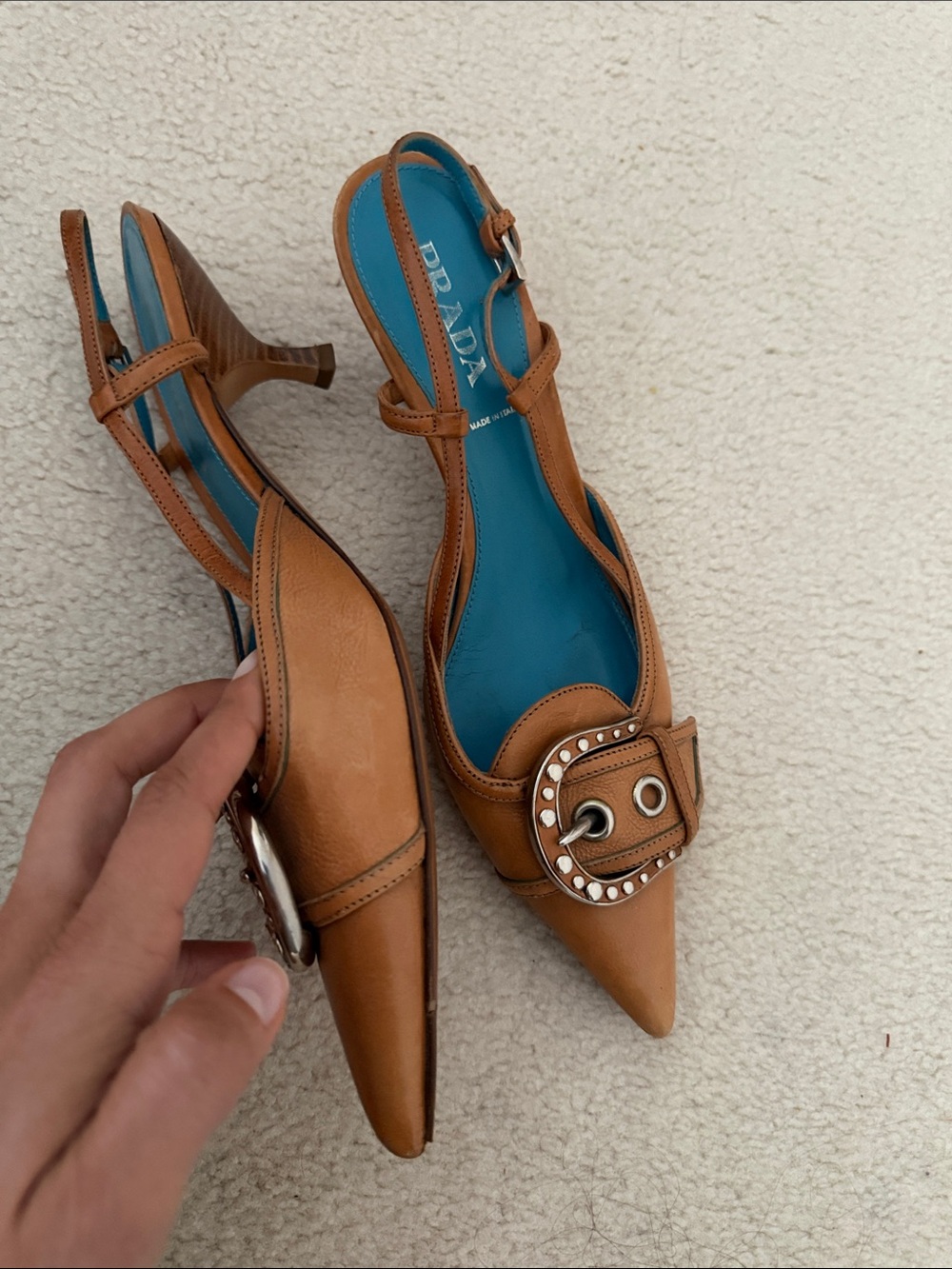 Prada Brown Leather Pointed Slingback Heels with Teal Insole - Picture 2 of 3